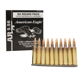 Federal American Eagle 5.56x45mm, 55 Grain FMJ-BT, Stripper Clips, 90 Rounds XM193AF90